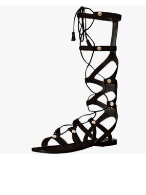 YDN Black Sexy Knee High Lace up Flats Fringe Low Heel Gladiator Strap Sandals